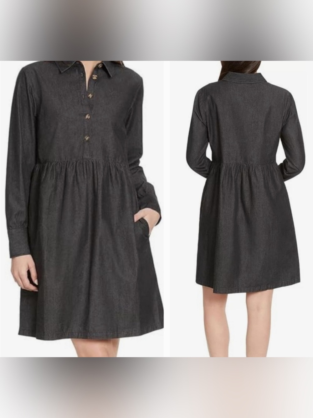 Nine West Dark Gray Long-Sleeve Collared Smock Dress